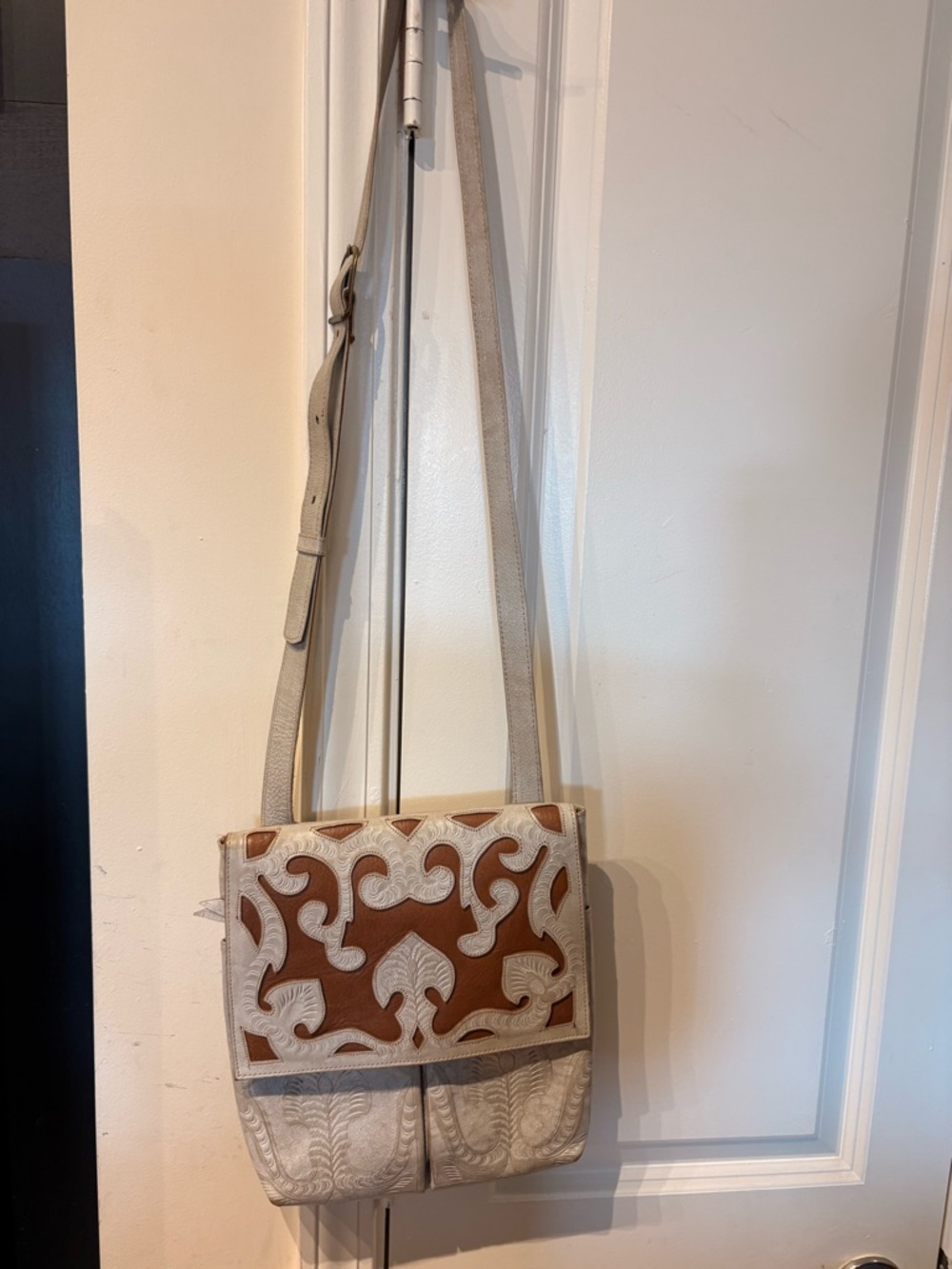 Two-Tone Brown and Cream Leather Crossbody Bag with Decorative Applique